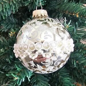 Vintage AmeriChristmas Glass Ball Christmas Ornament Silver Cream Beaded pearls